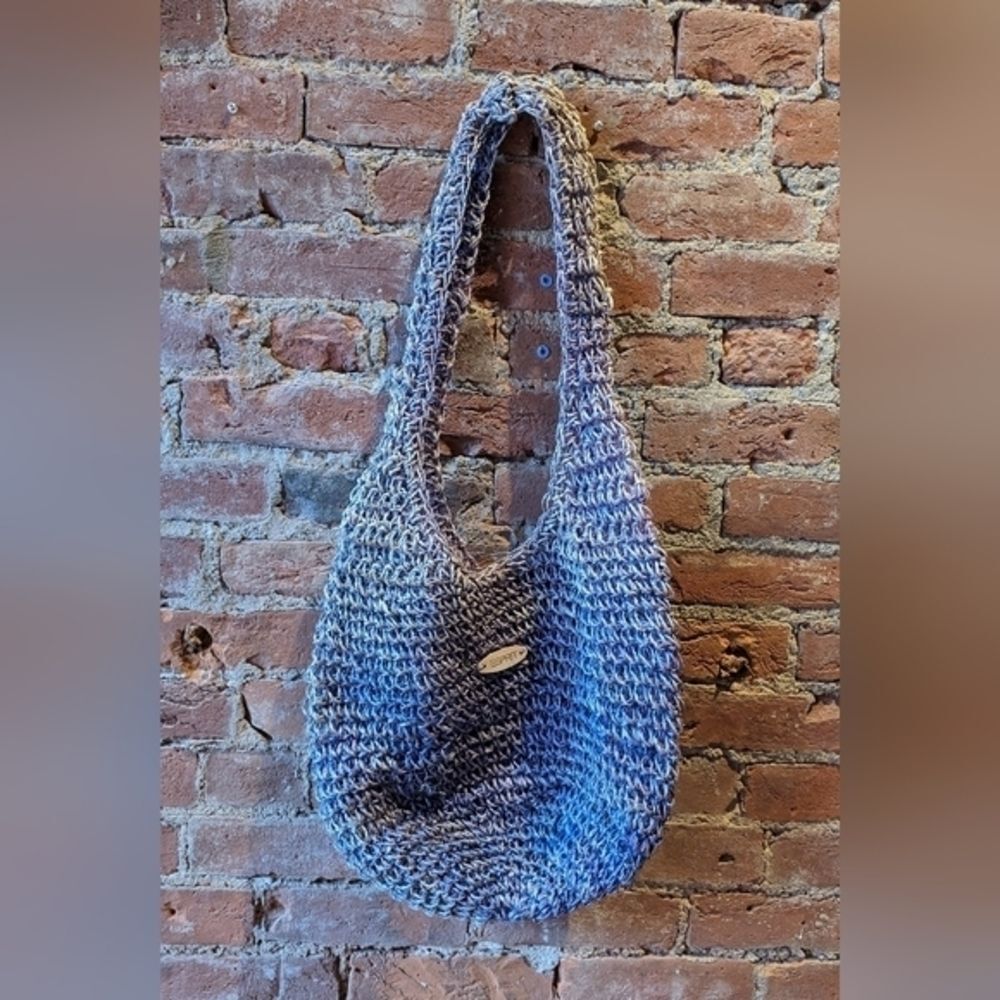 RARE Vintage ESPRIT Blue Gray Crochet‎ Rafia Shoulder Bag Casual Boho Purse